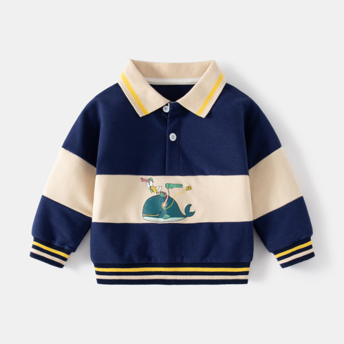 Navy blue whale print new boys' lapel sweatshirt casual tuck children's non-hooded lapel sweatshirt