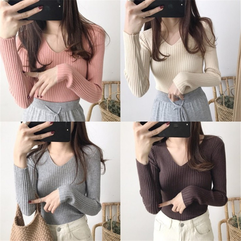 V-neck sweater for women in spring and autumn Korean style super stretchy close-fitting leaky clavicle long-sleeved core-spun yarn base sweater
