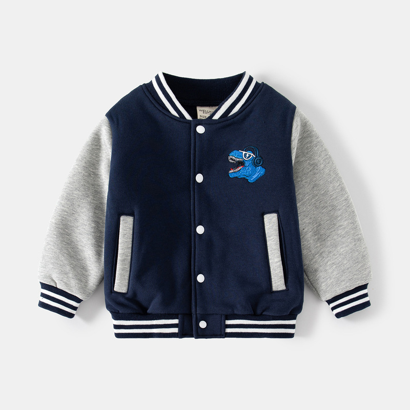 Cartoon dinosaur new boys' fleece baseball jacket, trendy children's casual jacket, long-sleeved cotton children's sweatshirt