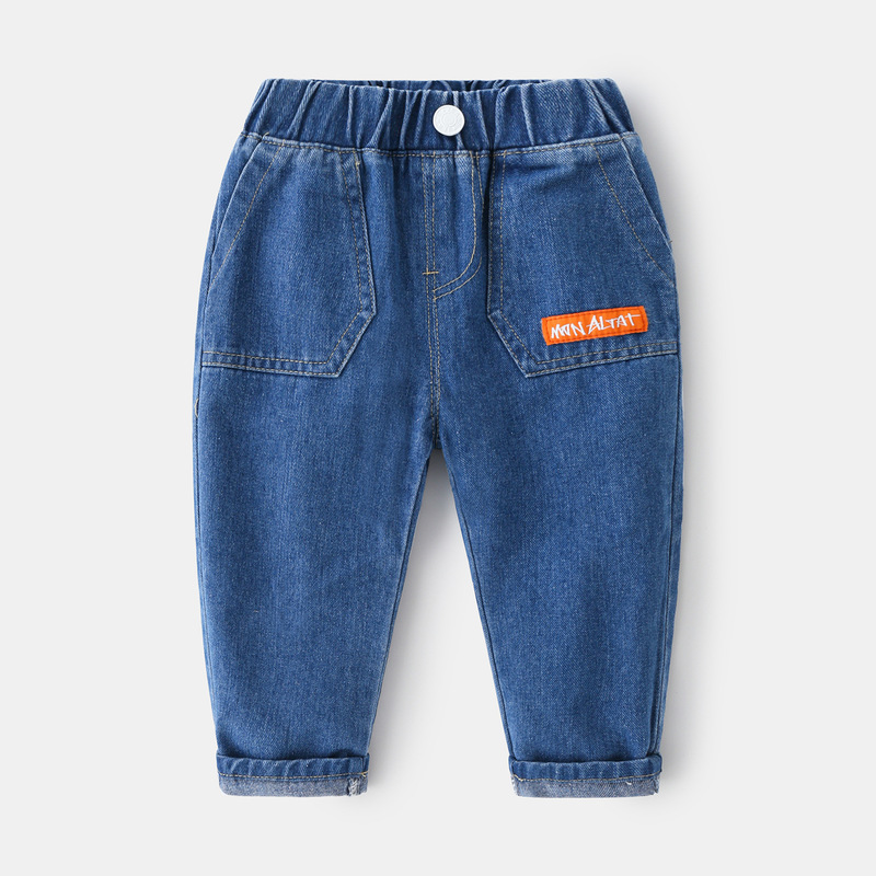 Trendy letter printed straight denim children's trousers for autumn, soft boys' jeans for small and medium-sized children