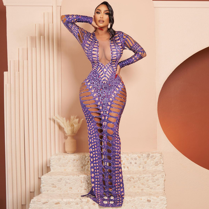 European and American clothing, sexy ripped tight hip-hugging dress, hot diamond printed long skirt