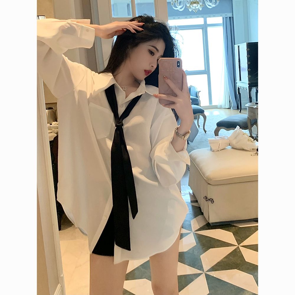 Spring and autumn pure lust style white top and tie design niche casual mid-length loose drape shirt for women