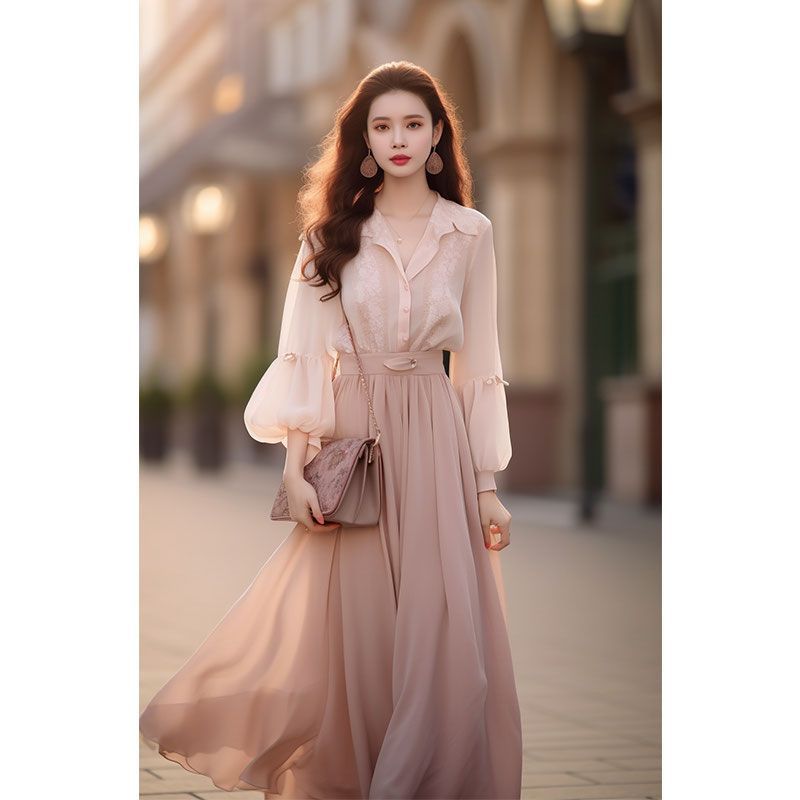 The new autumn women's clothing has a sophisticated temperament and a sense of luxury. This year's popular pink shirt skirt professional two-piece suit