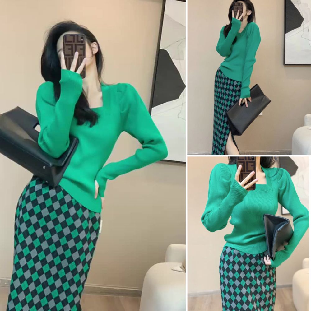2024 spring complete set of pure lust style long-sleeved square-neck sweater + checkerboard slit skirt two-piece suit
