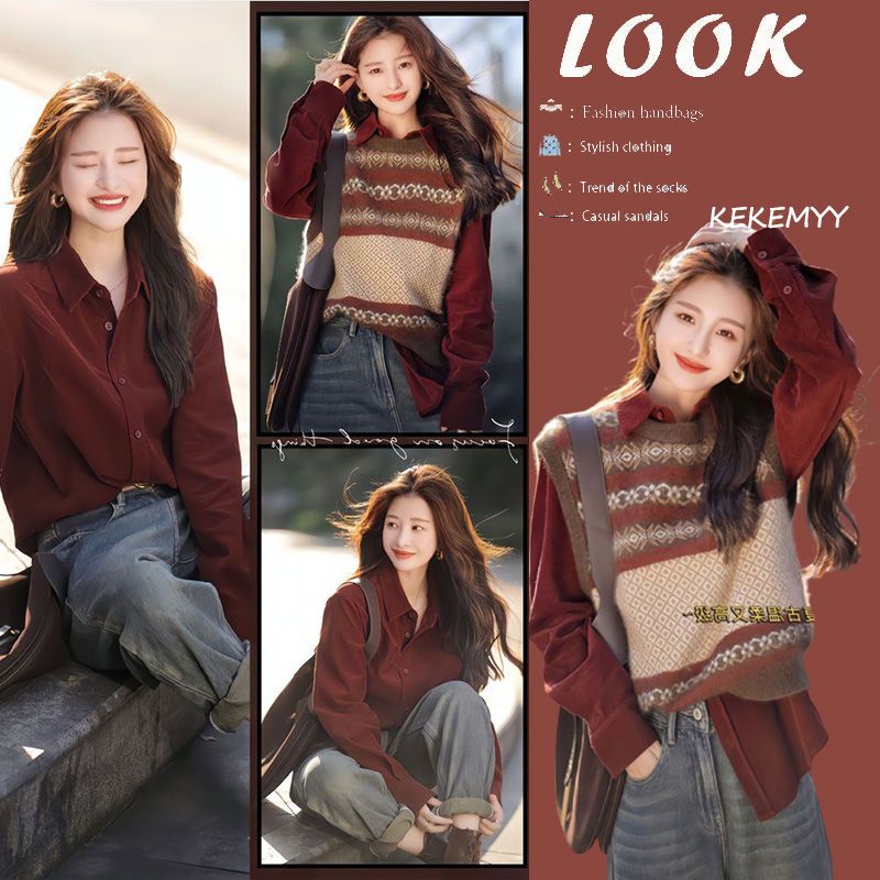 2024 autumn and winter new style small fragrance style high-end round neck vest with shirt + jeans three-piece set