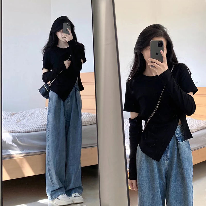 Pure cotton right shoulder irregular hollow hole long-sleeved T-shirt women's autumn design niche slit waist top trend