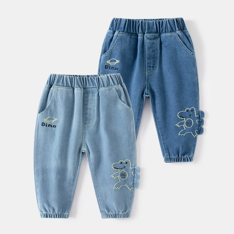 Trendy street style spring boys' jeans, cartoon dinosaur pattern jeans, casual mid-rise children's jeans