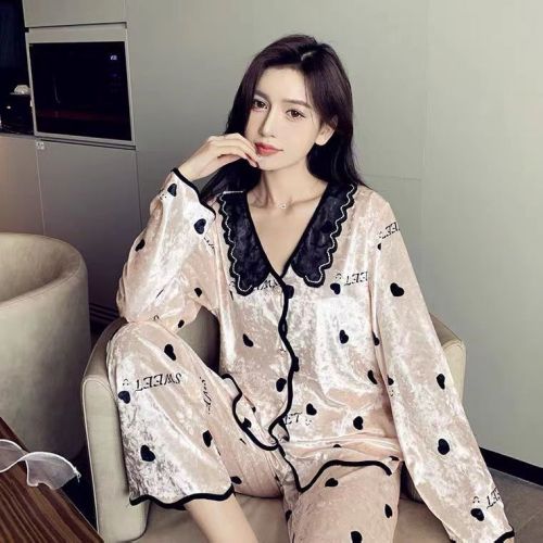 Gold diamond velvet black peach heart suit pajamas for women Internet celebrity popular Korean style spring, autumn and winter can be worn outside home clothes loose