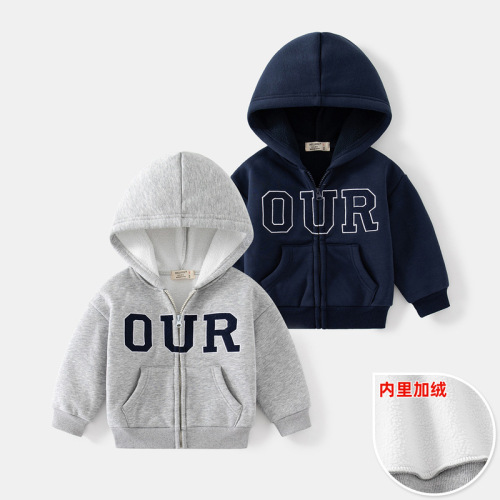Fashionable autumn and winter new boys' fleece hooded jacket round tie lettered fleece casual long-sleeved zipper jacket