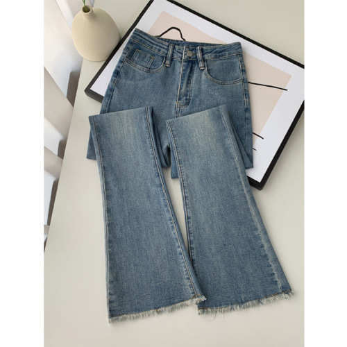 Retro high-waisted jeans for women in spring and autumn, new hot girl slimming floor-length micro-flared pants for women