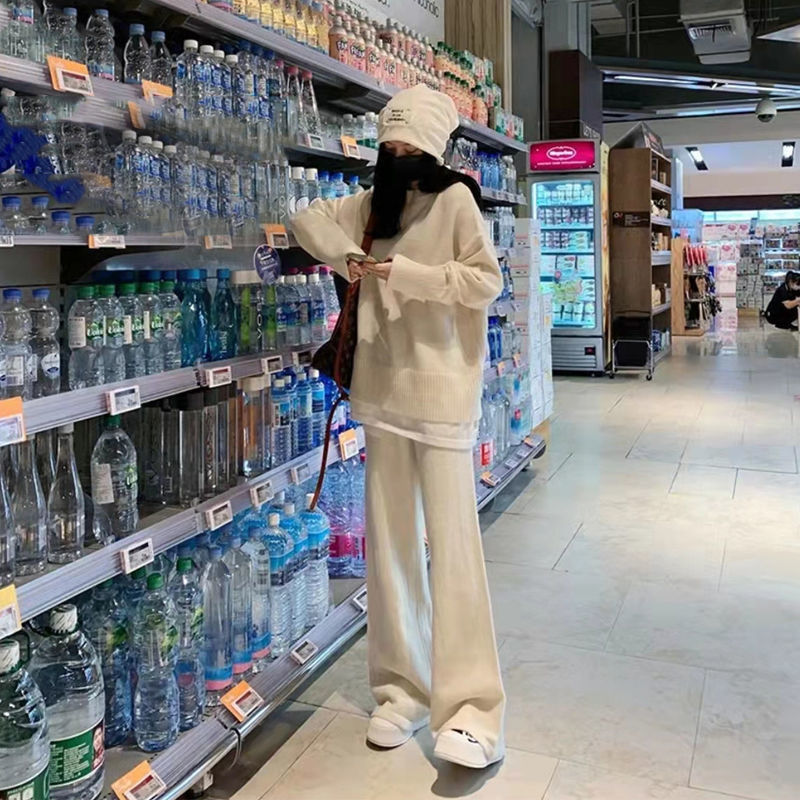 New autumn and winter fashion set, high-end fake two-piece long-sleeved top, casual knitted wide-leg pants two-piece set