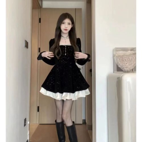 Matsumoto mourning cloth Christmas dress square collar double layer dress autumn and winter slimming waist new sequined atmosphere dress