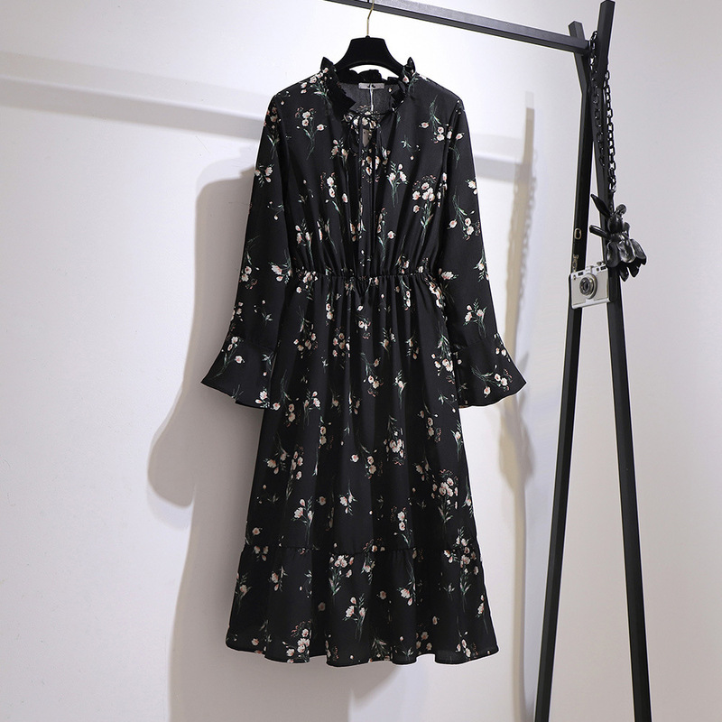 Fat girl fashionable loose slimming floral skirt plus fat enlarged chiffon skirt autumn new large size dress