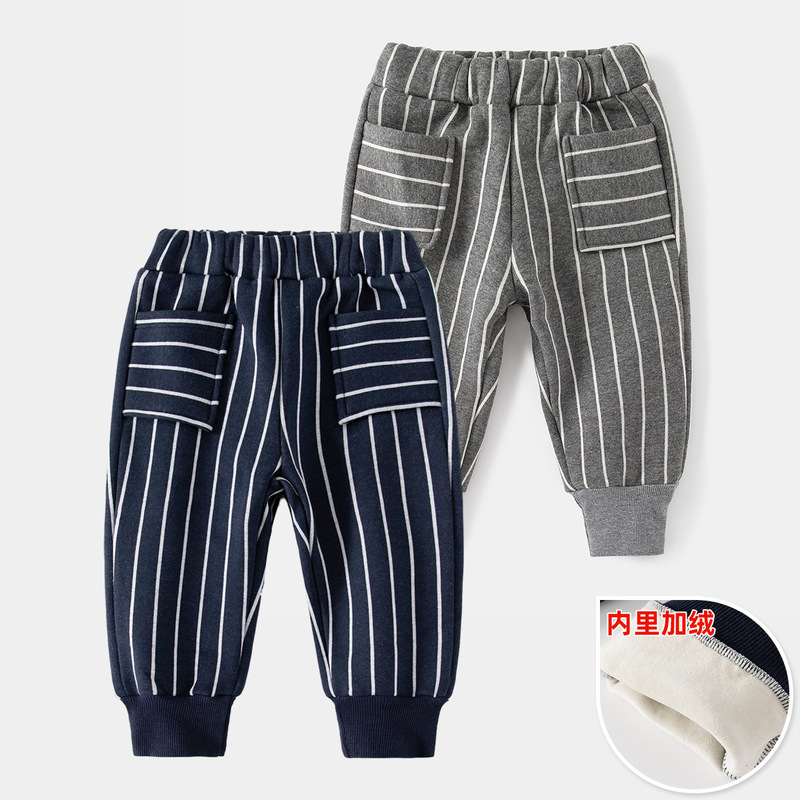 Warm fleece winter sports pants for children, striped casual cotton trousers, elastic rubber band patch pocket boys' trousers