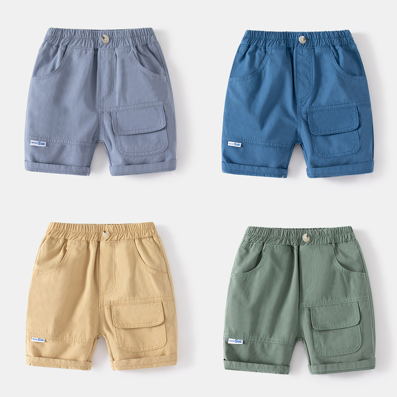 New large pocket khaki casual trousers, single color fake buckle rubber band belt, children's sports shorts