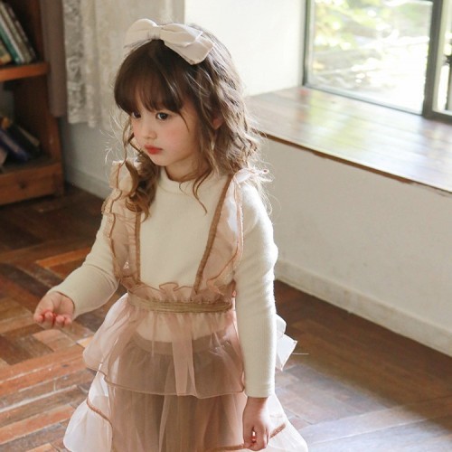 2024 Autumn and Winter Strawberry Shan Korean Children's Clothing Girls Fake Two-piece Lace Fairy Style Plush T-shirt
