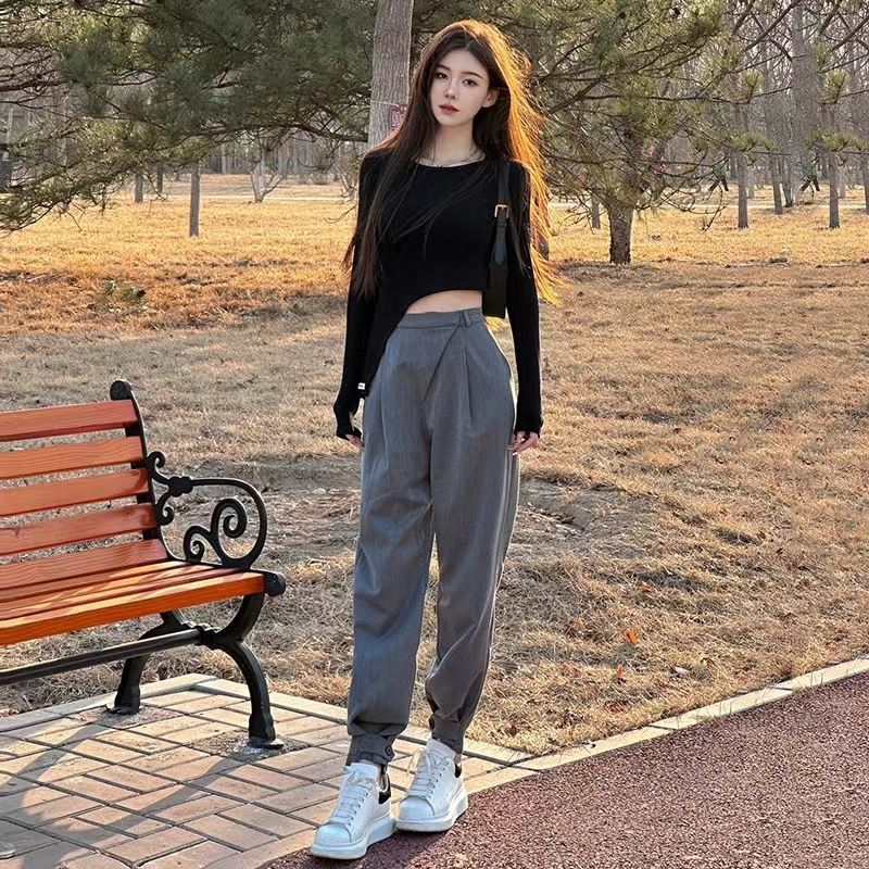 Black fashion slim long-sleeved T-shirt for women autumn new casual temperament irregular top + pants two-piece set