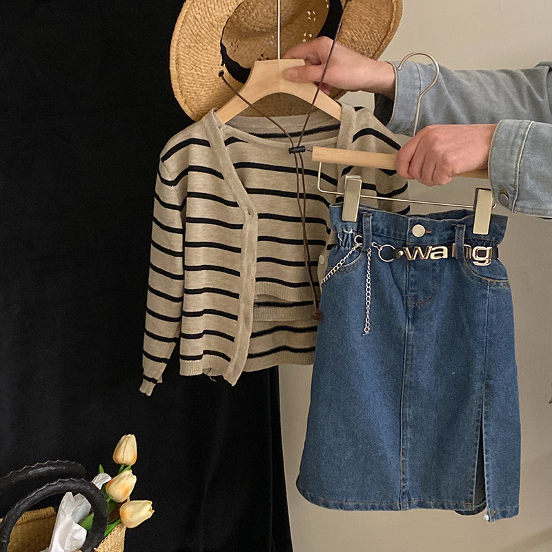 Girls Suit Summer New Children's Clothing Korean Style Striped Suspender Cardigan Two-piece Set Fashionable Denim Skirt Suit