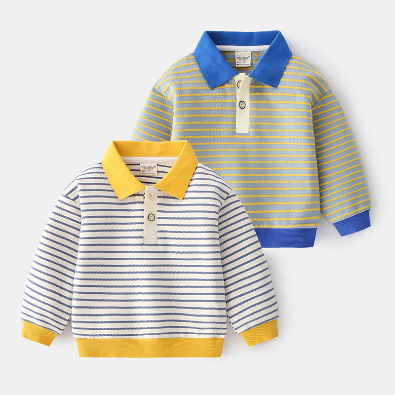 Spring new boys' striped lapel navy sweatshirt, two-color fashionable casual pullover two-button long coat