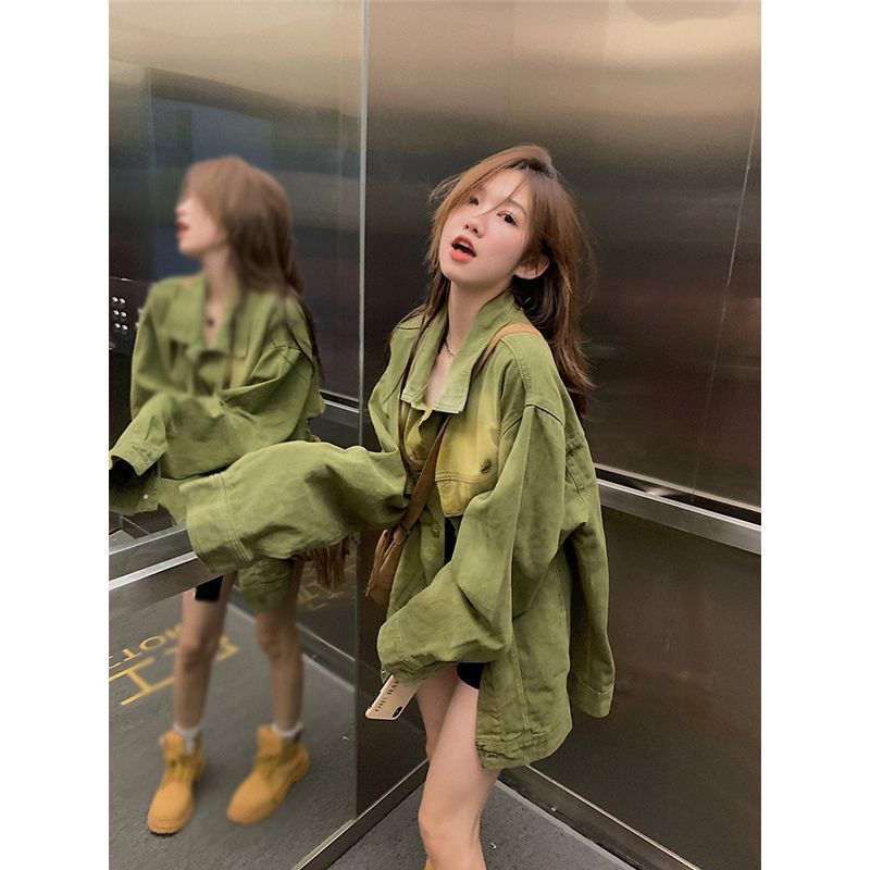 Boyfriend style American long-sleeved loose green denim jacket for women autumn retro mid-length jacket cardigan top trendy