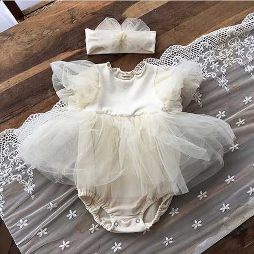 Summer new product Korean version of Centennial Banquet Princess short-sleeved rompers for baby girls puff-sleeved tulle skirt