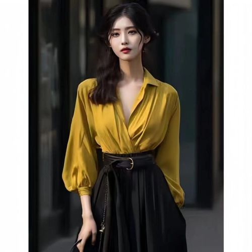 Autumn new style powerful women's clothing for the workplace with a sense of luxury, black shirt, top, yellow skirt suit