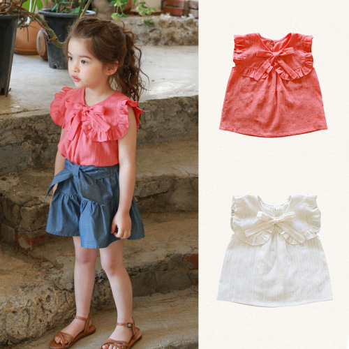 2024 Summer Strawberry Shan Korean Style Children's Clothes Girls Girls Tie Bow Lapel Shirt