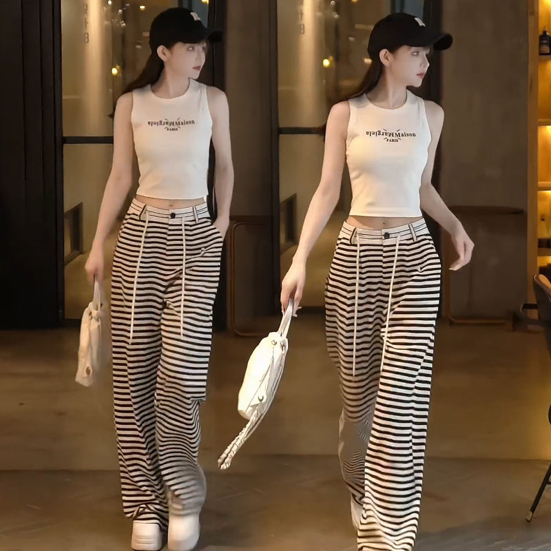 European fashion sports suit for women summer new hot girl camisole high waist drape black and white striped wide leg pants