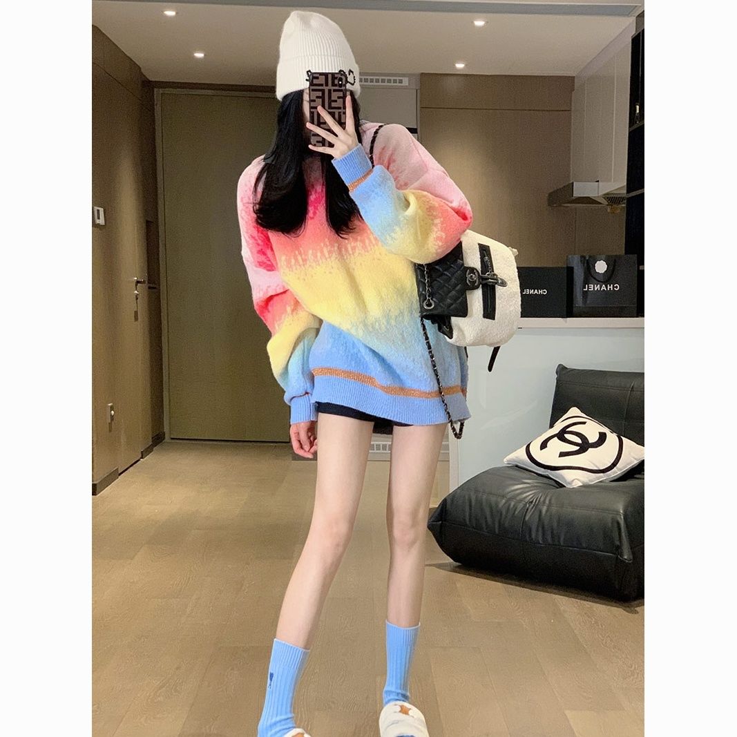 Korean style lazy style sweater for women 2023 autumn and winter new high-end Japanese style retro design loose knitted top