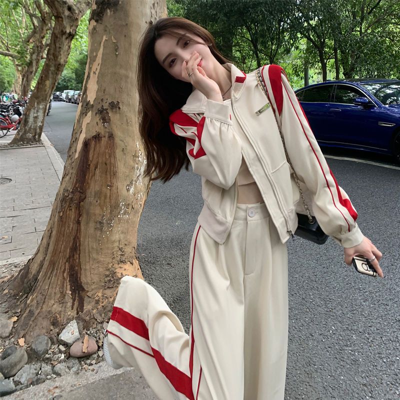 Autumn new design contrasting color splicing zipper short jacket high waist slimming wide leg pants three-piece suit for women
