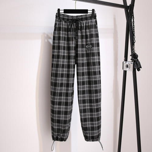 Fat mm black and white plaid pants loose plus velvet straight wide leg casual pants autumn new large size women's pants