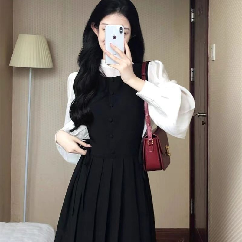 Fungus edge shirt new 2024 two-piece set French black waist strap dress shirt two-piece set