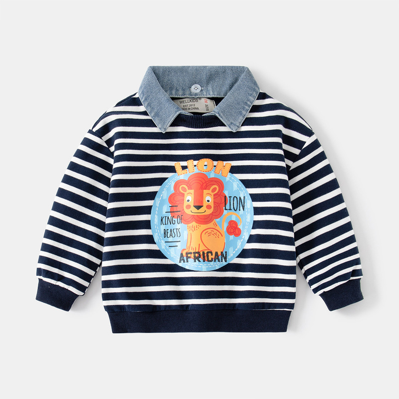 Korean style casual cute lion pattern long-sleeved tops for boys, fashionable lapel cotton trendy striped sweatshirts