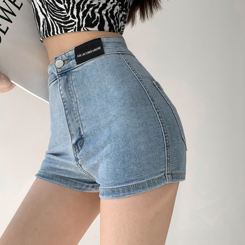 Design label denim shorts for women summer thin chic high waist slim straight slim stretch bottoming wide leg hot pants