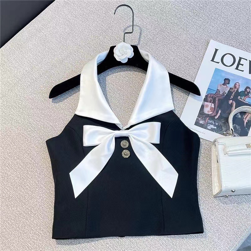 Girls 2024 new summer style lapel halter strap chest sweet bow two-button back zipper vest