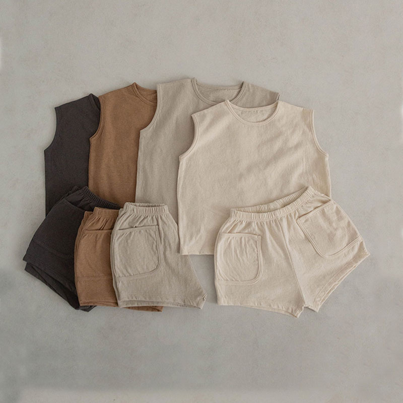 Korean summer thin vest suit for infants and young children cotton pocket shorts simple baby cute sleeveless suit