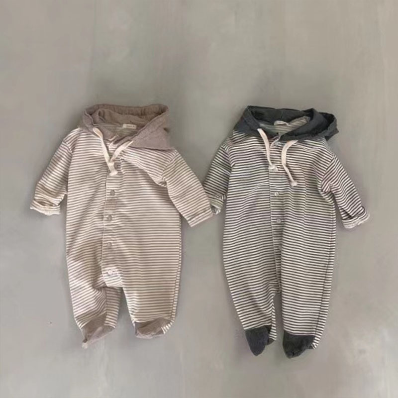 Korean version of ins baby striped casual hooded crawler clothes for men and women, spring and autumn foot-wrapped one-piece romper for men and women
