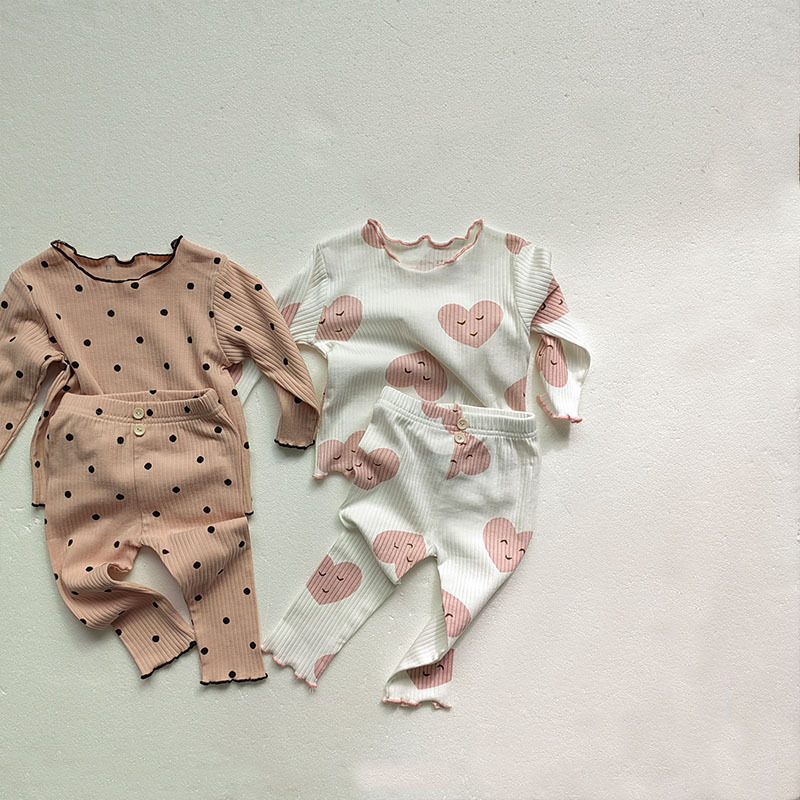 Korean Spring and Autumn Baby Girl Stretch Cotton Home Clothing Set Infant and Toddler Love Dots Densely Turned Edge Two-piece Set