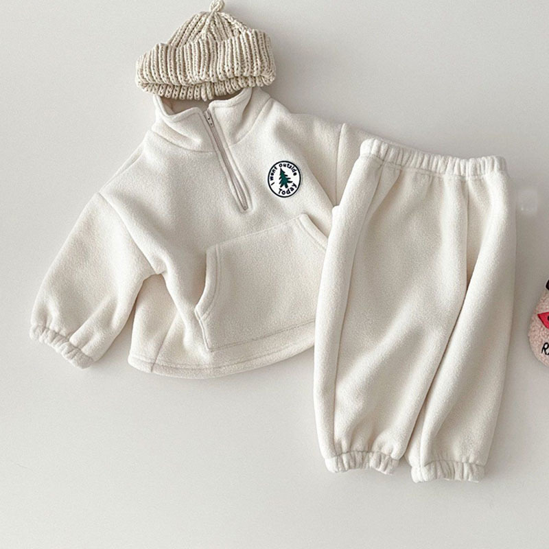 Korean version of ins infant and toddler clothing plus velvet and thickened fashion suit winter fleece turtleneck sweatshirt and pants two-piece set