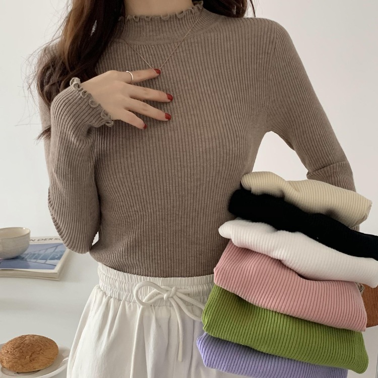 Autumn and winter half-turtleneck sweater for women, slimming and slimming, solid color long-sleeved Korean style knitted bottoming shirt with wooden ears