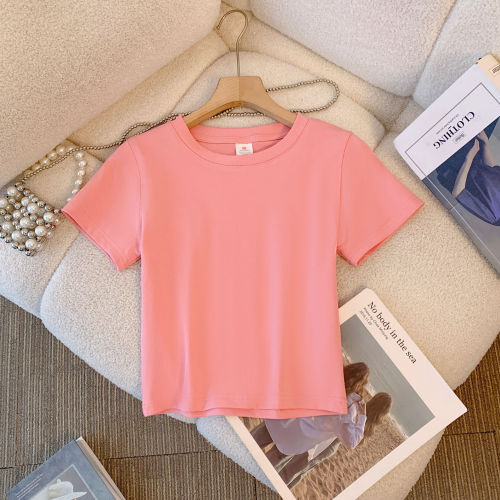 Real shot 220g 92% cotton 8% spandex 40 count bottoming shirt round neck short sleeve short T-shirt for women slimming simple bottoming