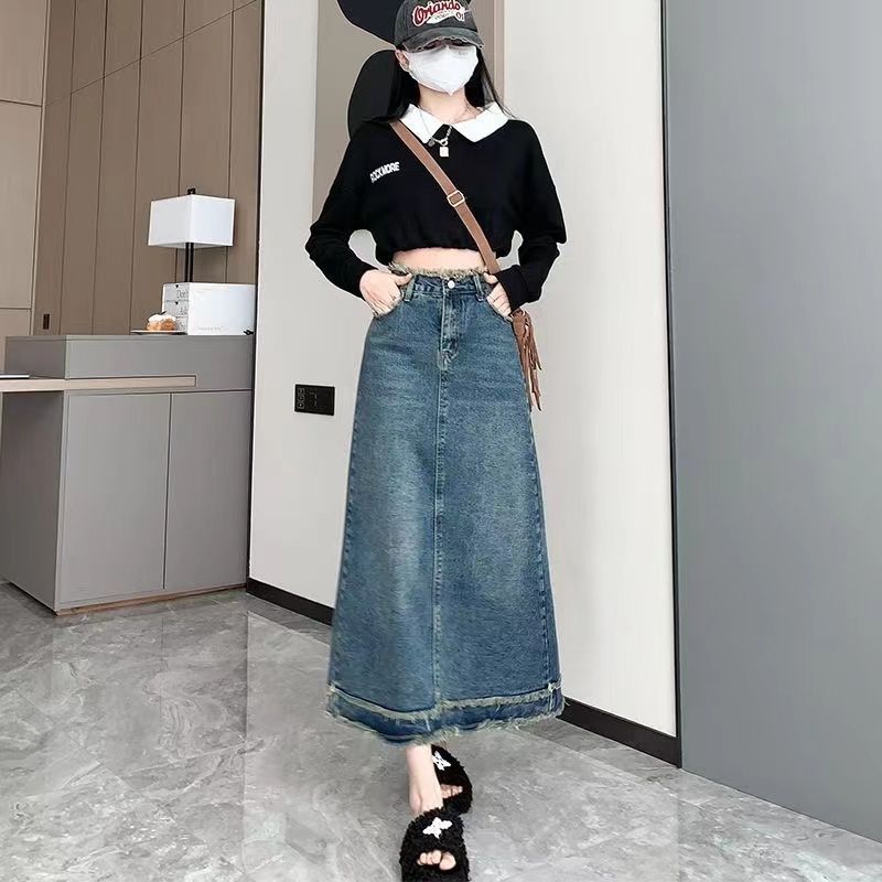 Spring and autumn raw edge slimming and versatile denim mid-length women's high-waist drape A-line denim skirt