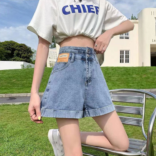 Double-button design leather brand super high-waisted A-line denim shorts for women ins style Korean style straight-leg curled wide-leg hot pants summer