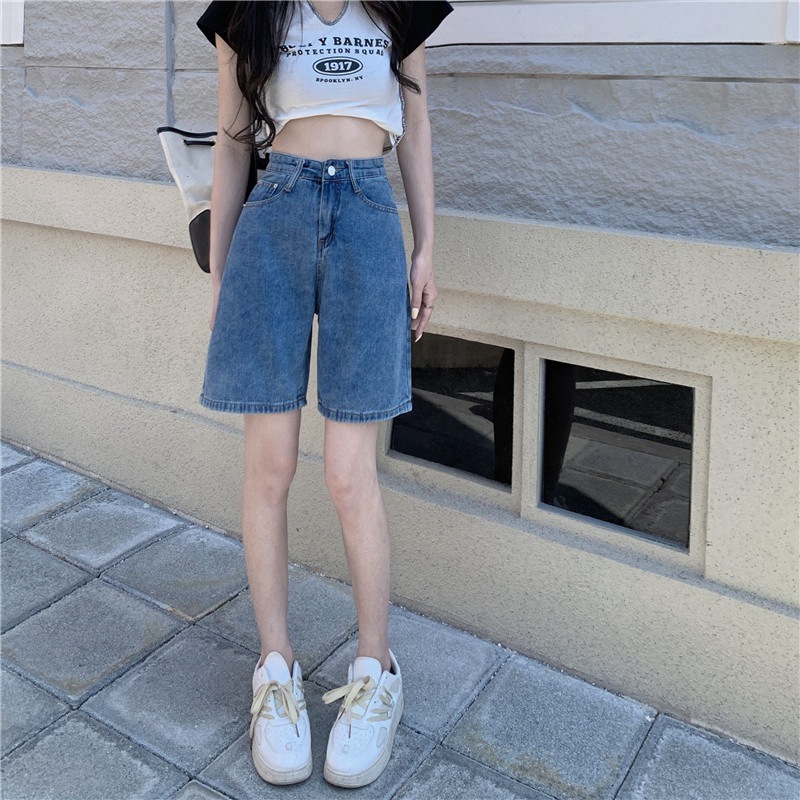 Denim Shorts Women's Summer Thin New Large Size High Waist Straight Medium Pants Loose Casual Wide Leg Five-Leg Pants