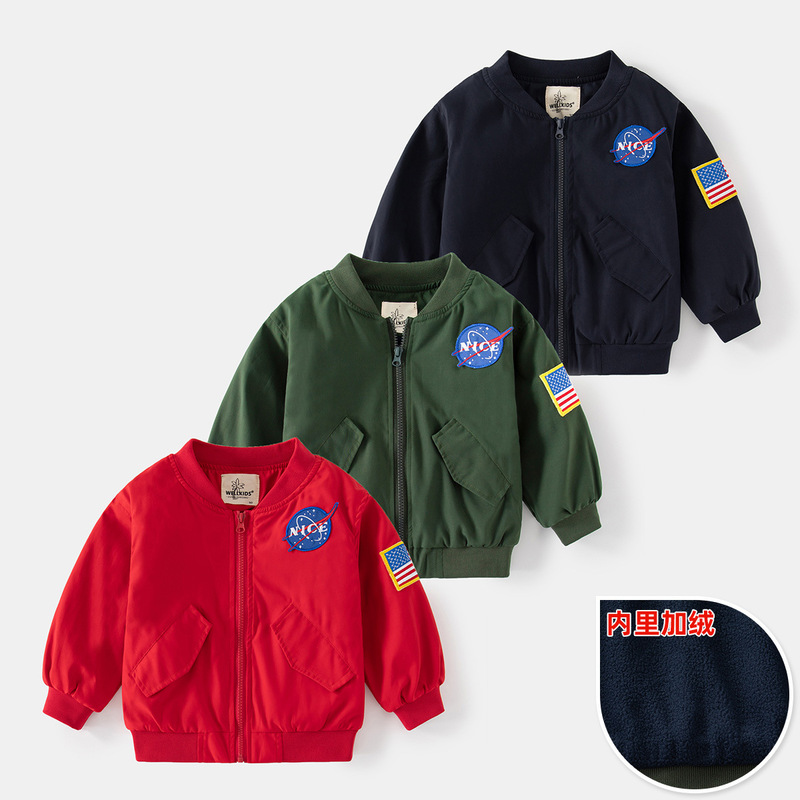 Autumn and winter boys' velvet trendy baseball uniform casual warm flag pattern armband round neck zipper jacket