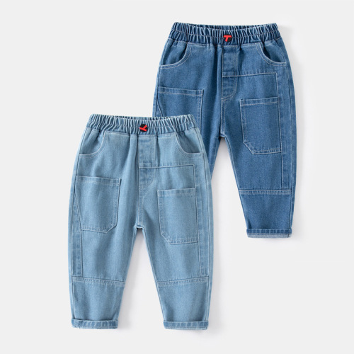 Mid-waist blue spliced ​​pocket boys' denim trousers Spring casual outdoor soft cotton denim trousers