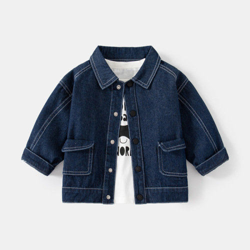 Single color topstitched denim jacket for boys, soft slightly elastic denim jacket, hooded small pocket children's cotton jacket