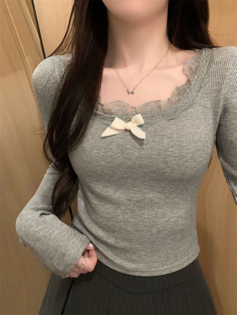 Lace-trimmed brushed bottoming shirt, long-sleeved T-shirt for women, autumn and winter with breast pads, slim-fitting short inner top with pure lust style