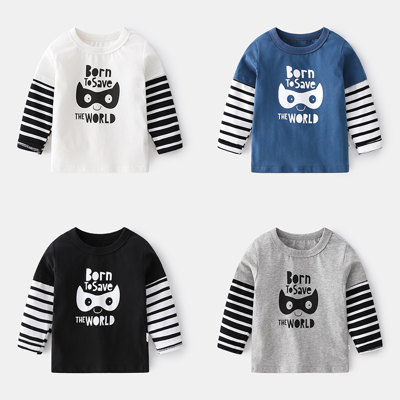 Spring new children's striped splicing long-sleeved T-shirts and four crew-neck shirts with cute bat mask prints