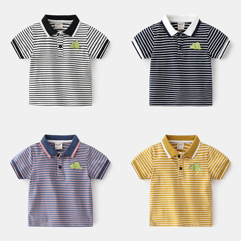 Summer boys' short-sleeved POLO cotton striped hooded children's clothing soft, cute and fashionable lapel top